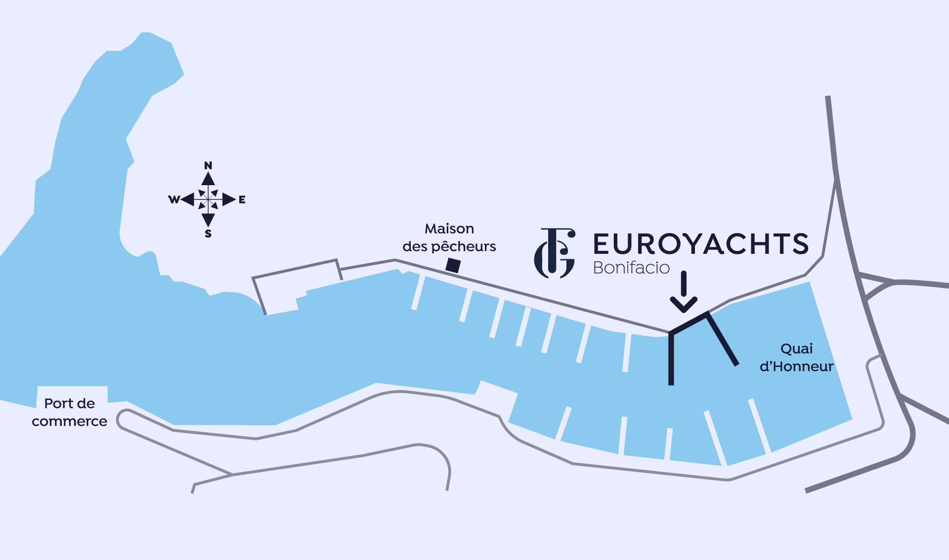 Plan de la marina de Bonifacio et implantation des pontons privatifs d’Euroyachts Plan de la marina de Bonifacio et implantation des pontons privatifs d'Euroyachts
